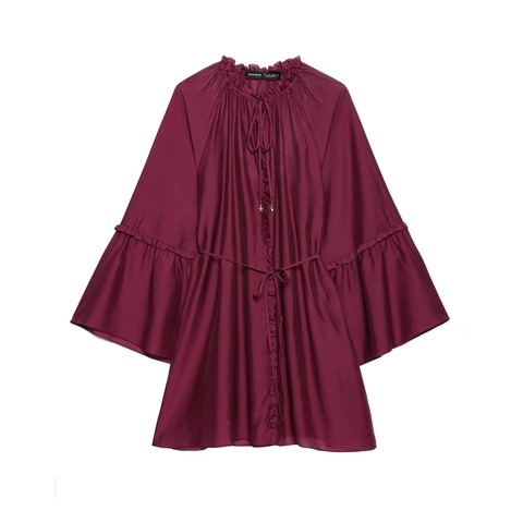 Dames Satijnen Mini Jurk Wijnrood V-Hals Klokmouwen Ruches Trekkoord Elegante Korte Tuniek Satijnzacht