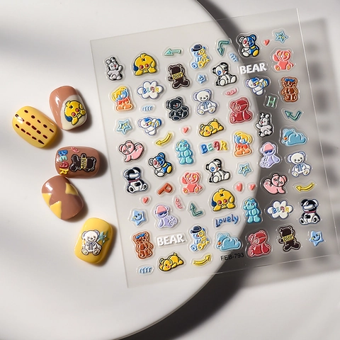 Autocollants À Ongles Relief 5D Ours Dessin Animé Mignons Décalcomanies 3D Adhésives Pour Manucure Décoration DIY
