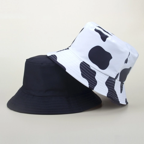 Cappello Da Pescatore Con Stampa Muccata Reversibile Tela Di Cotone Protezione Solare Moda Casual Per Donne
