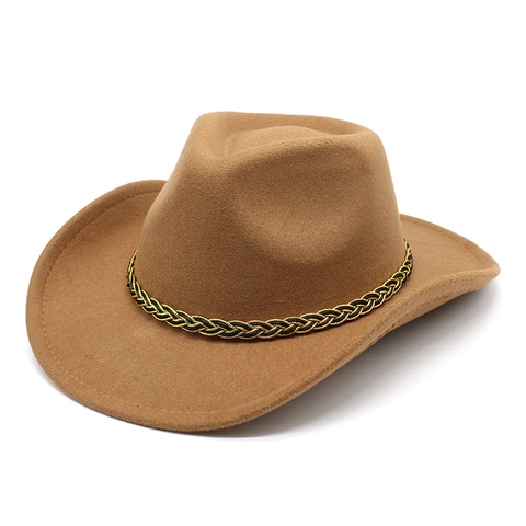 Western Cowboy Fedora Hat Cotton Polyester Felt Wide Brim With Braided Band Windproof Rope Outdoor Travel Retro Unisex
