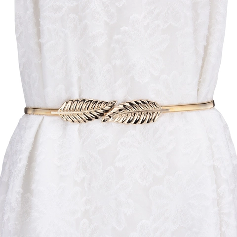 Ceinture Élastique En Métal Pour Femmes Chaîne À Ressort Dorée Mince Boucle Décorative Feuille Fleur Noeud Accessoire