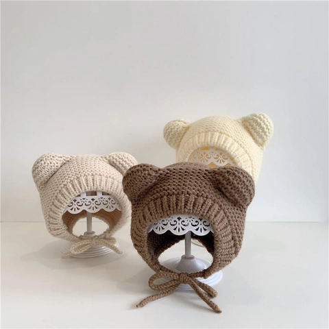 Baby Knit Hat Bear Ears Earflap Cap Winter Warm Soft Crochet Headwear For Infant Toddler Boys Girls
