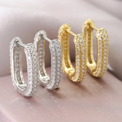 Orecchini A Cerchio Huggie A Forma Di U Rame Strass Pavé Intarsiato Rettangolare Gioielli Minimalisti Di Lusso Per Donne