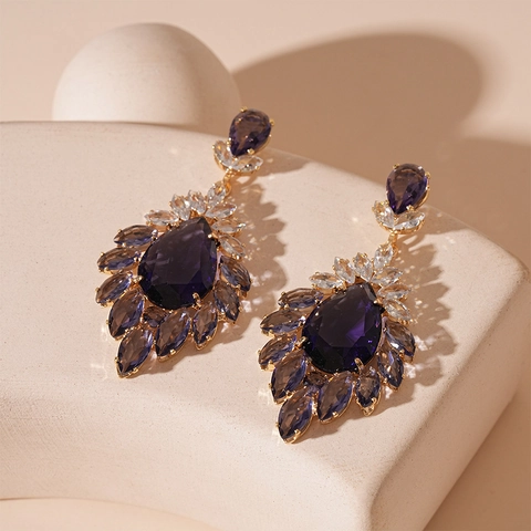 Vintage Flower Water Drop Dangle Earrings With Purple Cubic Zirconia Copper Jewelry For Women Silver Earring Post