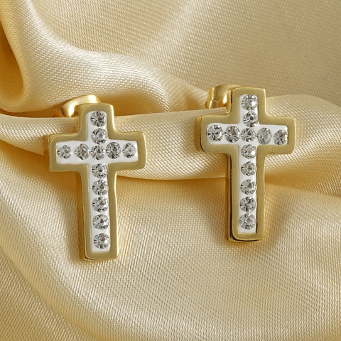 Orecchini A Lobo A Croce Placcati In Oro 18K Acciaio Inossidabile Con Strass Gioielli Di Moda Per Donna