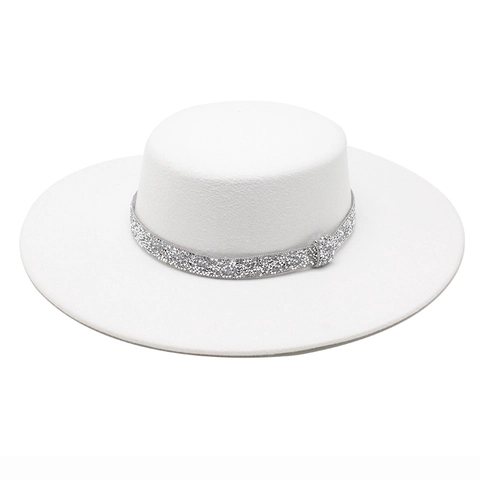 Elegant Boater Hat Wide Brim Flat Top Jazz Fedora With Rhinestone Band Cotton Polyester For Party Travel Unisex
