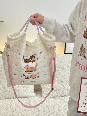 Quilted Padded Tote Bag Polyester Crossbody Handbag Cartoon Animal Embroidery Heart Pattern Large Capacity Casual Cute