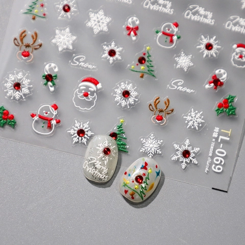 Christmas 3D Embossed PET Nail Stickers Santa Claus Snowflake Reindeer Relief Self Adhesive Manicure Decor Rhinestones