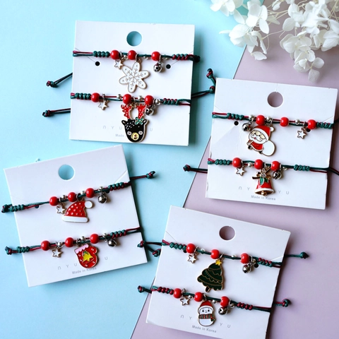 Christmas Woven Bracelet Alloy Enamel Santa Snowman Reindeer Pendant Adjustable Rope Holiday Gift For Couples