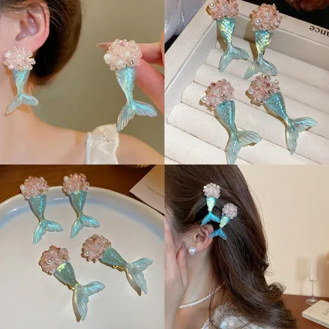 Orecchini E Fermagli Per Capelli A Coda Di Sirena Con Perno In Argento Sterling 925 Resina Iridescente Stile Fata Donna