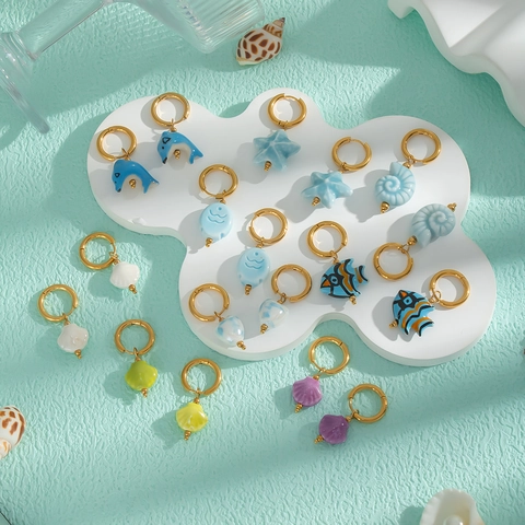 Ocean Theme Hoop Earrings Women 304 Stainless Steel Gold Plated Ceramic Shell Dolphin Fish Pendants Hypoallergenic Jewelry