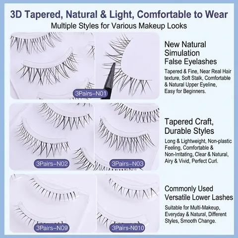 False Eyelashes Synthetic Fiber 3D Tapered Natural Wispy Cross Transparent Band For Daily Makeup Beauty Cosmetics