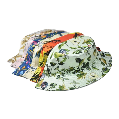 Bucket Hat Women Tropical Floral Print Satin Finish Polyester Sun Protection Outdoor Summer Cap
