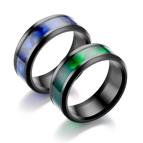 Fashion Men Titanium Steel Ring Black Electroplated Stainless Steel Band With Blue Green Shell Inlay For Daily Wear Jewelry Gift