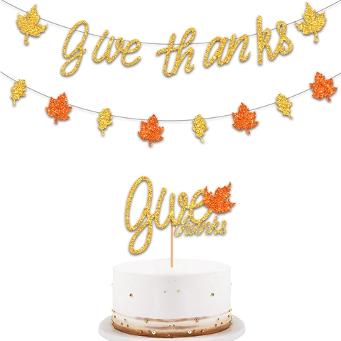 Thanksgiving Give Thanks Banner And Cake Topper Glitter Paper Maple Leaf Autumn Party Decoration Supplies