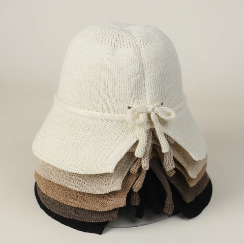 Women Knitted Bucket Hat Breathable Sunshade Bow Decor Elegant Foldable Retro Fisherman Hat