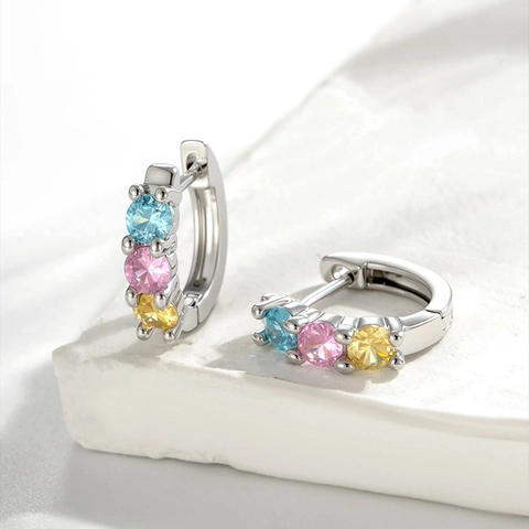 Colorful Zirconia Hoop Earrings Copper Silver Plated Three Round Stone Dainty Minimalist Jewelry For Women Girls