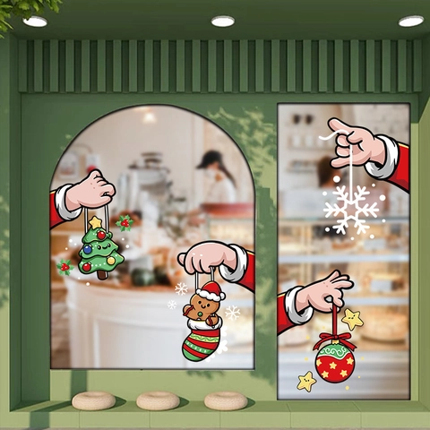 Cartoon Christmas Static Window Cling PVC Removable Glass Door Sticker Santa Hand Tree Snowflake Gingerbread Man Decor