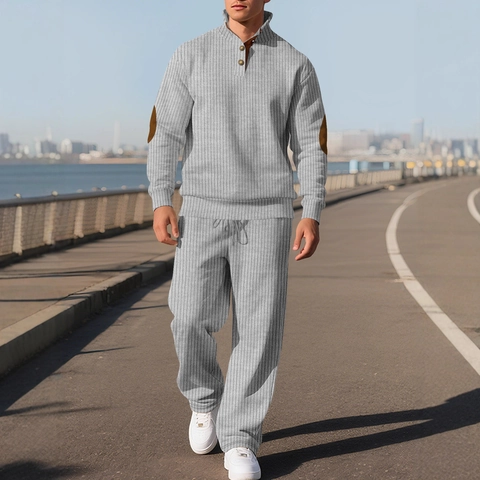 Maglia In Maglia E Pantaloni Lunghi Uomo Collo Alto Listino Bottoni Toppe Gomiti Contrasto Casual