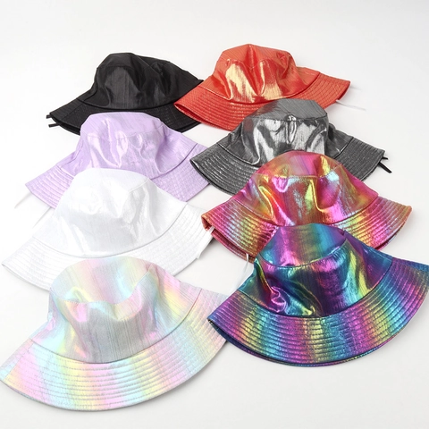 Cappello Pescatore Metallico Lucido Olografico Laser Ecopelle Sfumatura Arcobaleno Stile Hip Hop Punk Pieghevole Cappello Sole