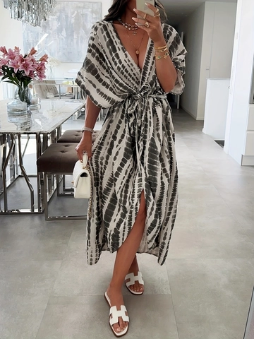 Vestito Maxi Donna Poliestere Elastan Tie Dye Scollo A V Maniche Corte Cintura Copricostume Spiaggia Bohemien Estate