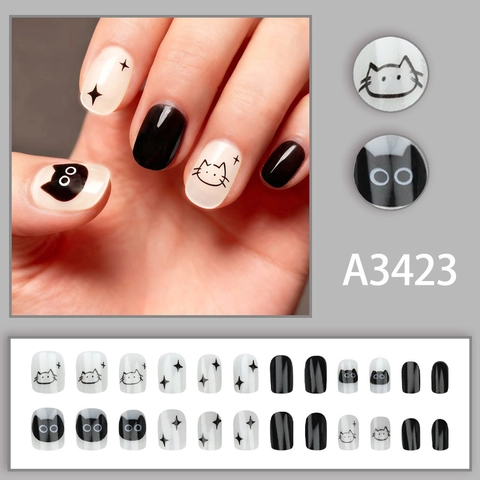 Uñas Postizas A Presión Brillantes Negro Crema Blanco Cortas Cuadradas Con Lindo Patrón De Gato Y Estrella De Dibujos Animados