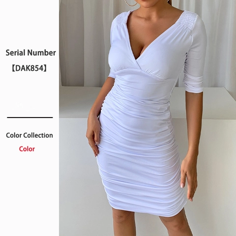 Sexy Midi-Jurk Met Ruches En V-Hals Voor Dames Polyester Driekwart Mouw Bodycon Slank Elegant Effen Wit Feest