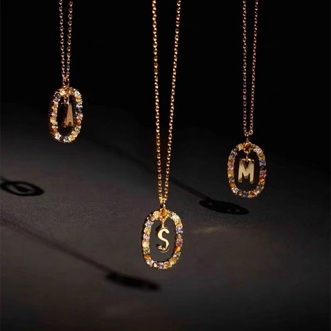 Pendant Necklace Copper Colorful Cubic Zirconia Initial Letter Oval Rhinestone Inlaid Fashion Jewelry For Women
