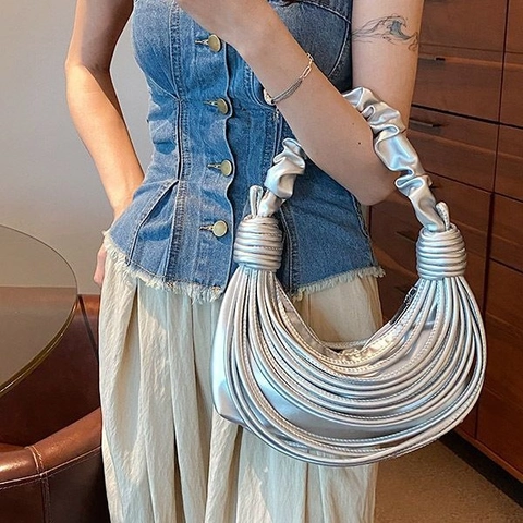 Women Ruched Pleated Shoulder Bag PU Leather Multi Layer Tube Design Knotted Handle Chic Half Moon Underarm Handbag