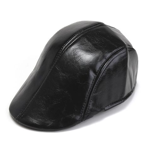 PU Leather Flat Cap Vintage British Style Ivy Hunting Hat Solid Color Beret For Men Women Unisex Accessory