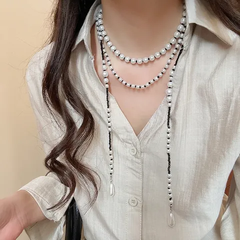 Multi Layer Artificial Pearl Necklace With Glass Beads And Teardrop Pendant French Retro Long Sweater Chain For Women