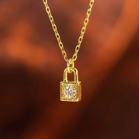 Vergoldete Kupfer Vorhängeschloss Anhänger Halskette Mit Klarem Zirkon Französischer Stil Schmuck Für Damen