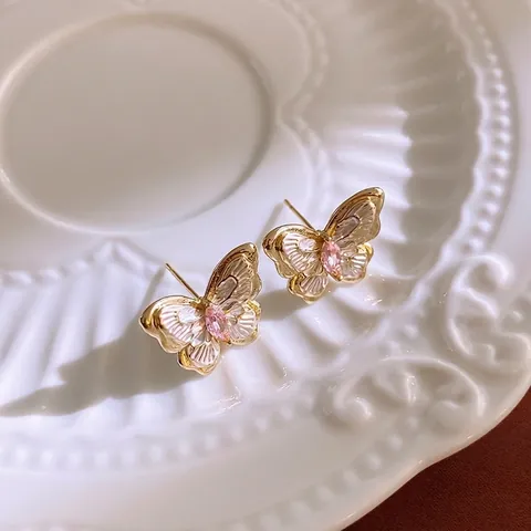 Butterfly Stud Earrings With Zirconia And Silver Earring Post Gold Plated Sweet Korean Style Jewelry For Women