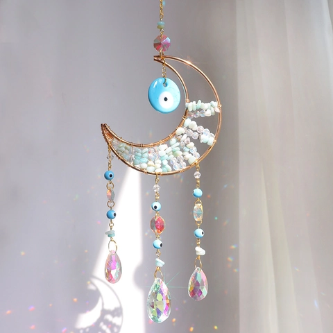 Attrape-Soleil Suspendu Forme de Lune en Cristal Fait à la Main Avec Mauvais Œil et Pierre d'Amazonite Reflet Arc-en-Ciel pour Maison
