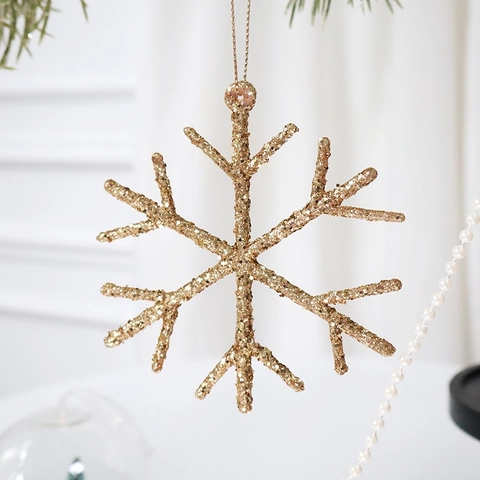 Christmas Tree Hanging Ornaments Glitter Sequin Snowflake Star Candy Cane Shapes Festive Decor Champagne Gold Plastic