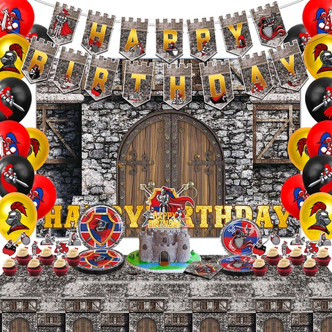 Decorazione Per Festa Di Compleanno Cavaliere Medievale Banner Cake Topper Palloncini Carta Lattice Castello Ragazzi Bambini