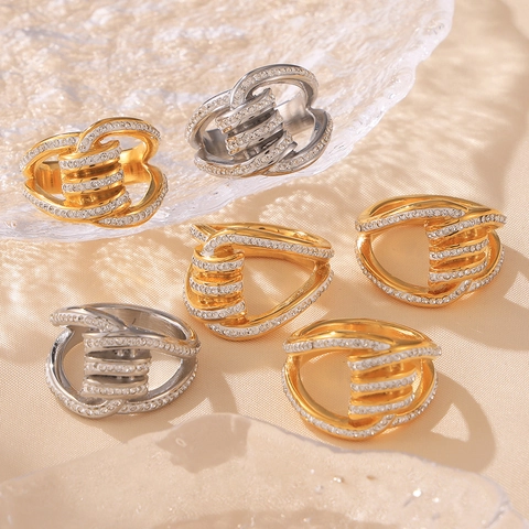 Geometric Intertwined Double Layer Ring Titanium Steel 18K Gold Plated Pave Rhinestone Fashion Jewelry For Women