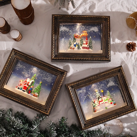 Caja De Música Marco De Fotos Navidad Bronce Vintage Con Nieve Brillante LED Decoración De Escritorio Regalo