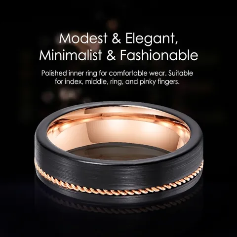 Anello In Acciaio Al Tungsteno Finitura Spazzolata Nera Interno Lucidato Oro Rosa Intarsio Corda Intrecciata Comfort Uomo