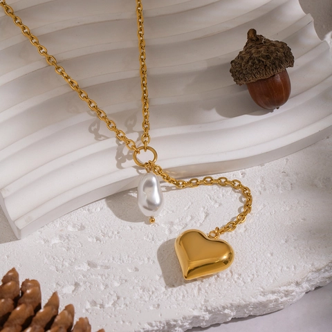 Collar En Y Lariat Con Perla Barroca Artificial Colgante De Corazón Acero Inoxidable Chapado En Oro 18K Impermeable Hipoalergénico Joyas Mujer