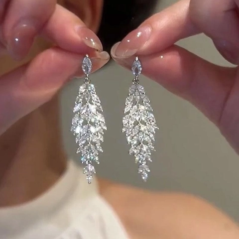Boucles D Oreilles À Franges Feuille Épi De Blé Avec Zircon Base En Cuivre Et Tige En Argent Longues Élégantes