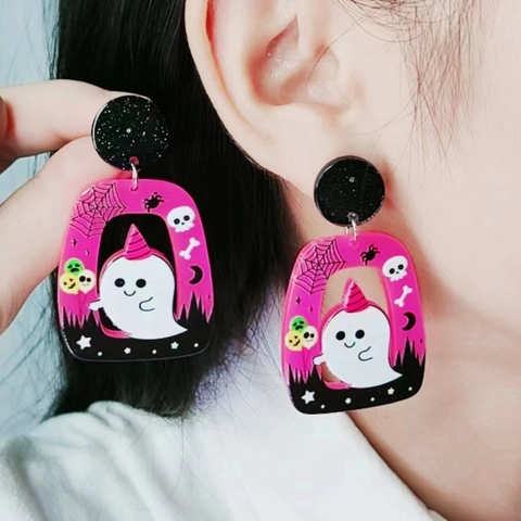 Halloween Cartoon Dangle Earrings Acrylic Ghost Pumpkin Cat Skull Patterns With Silver Earring Post For Women Party