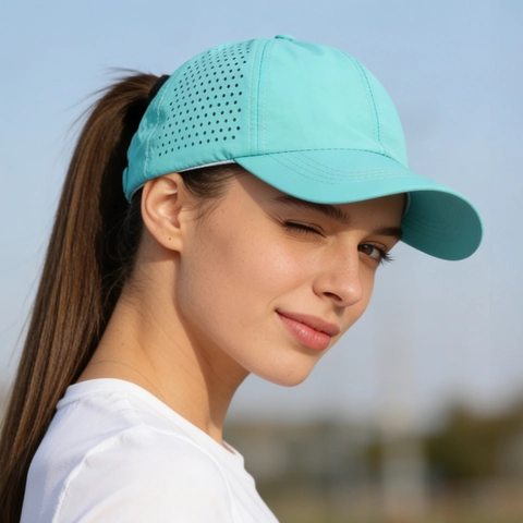Ponytail Baseball Cap For Women Breathable Laser Cut Holes Quick Dry Outdoor Sports Sun Hat Polyester Solid Color Adjustable