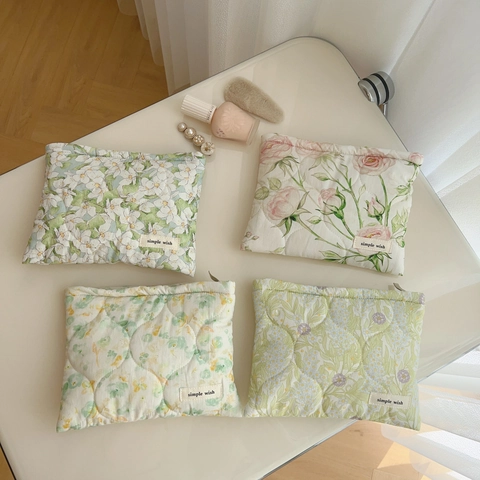 Quilted Cotton Floral Makeup Bag Portable Zippered Cosmetic Pouch Travel Organizer Women Sweet Fresh Style