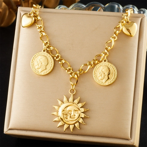 Collar De Cadena Gruesa De Acero Inoxidable Estilo Punk Color Dorado Con Colgantes De Sol Luna Corazón Moneda Joyería Retro