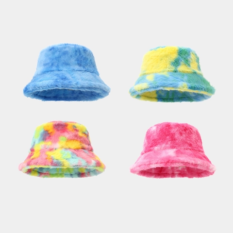 Tie-Dye Faux Fur Bucket Hat For Women Thickened Warm Plush Winter Outdoor Fashion Sunshade Fisherman Cap Trendy