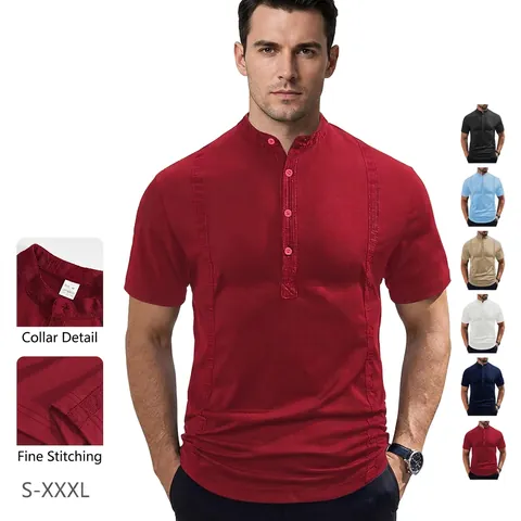 Herren Kurzarm Polohemd Stehkragen Henley Shirt Polyester Einfarbig Lässiges Sommer Oberteil Mit Vertikaler Textur