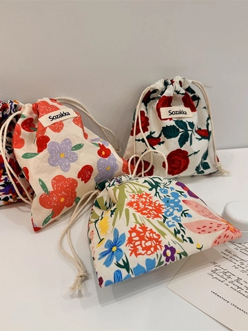 Mini Kordelzugbeutel Mit Blumenmuster Aus Baumwolle Tragbare Kosmetiktasche Schmuckorganizer Japanischer Stil Damen