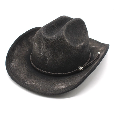Vintage Western Cowboy Hat Woolen Wide Brim Distressed Jazz Fedora With Woven Band Metal Buckle For Men Women