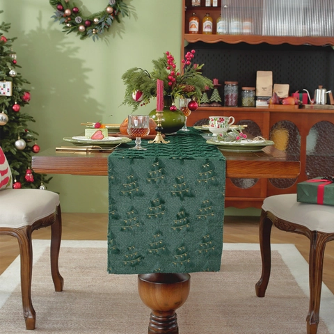 Chemin De Table De Noël Peluche Velours Vert Avec Broderie Dorée Sapin De Noël Étoile Décoration De Table